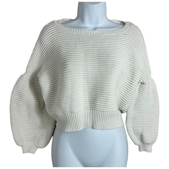 Fate By Lfd White Sweater Sz Medium Ribbed Puff Sleeves Cotton Structured Thick - Picture 1 of 10